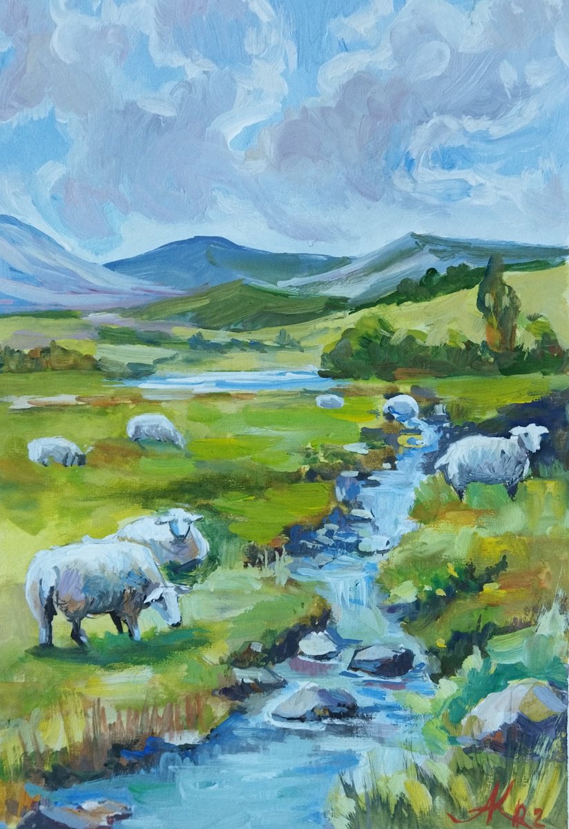 Pasture with sheep by Ann Krasikova