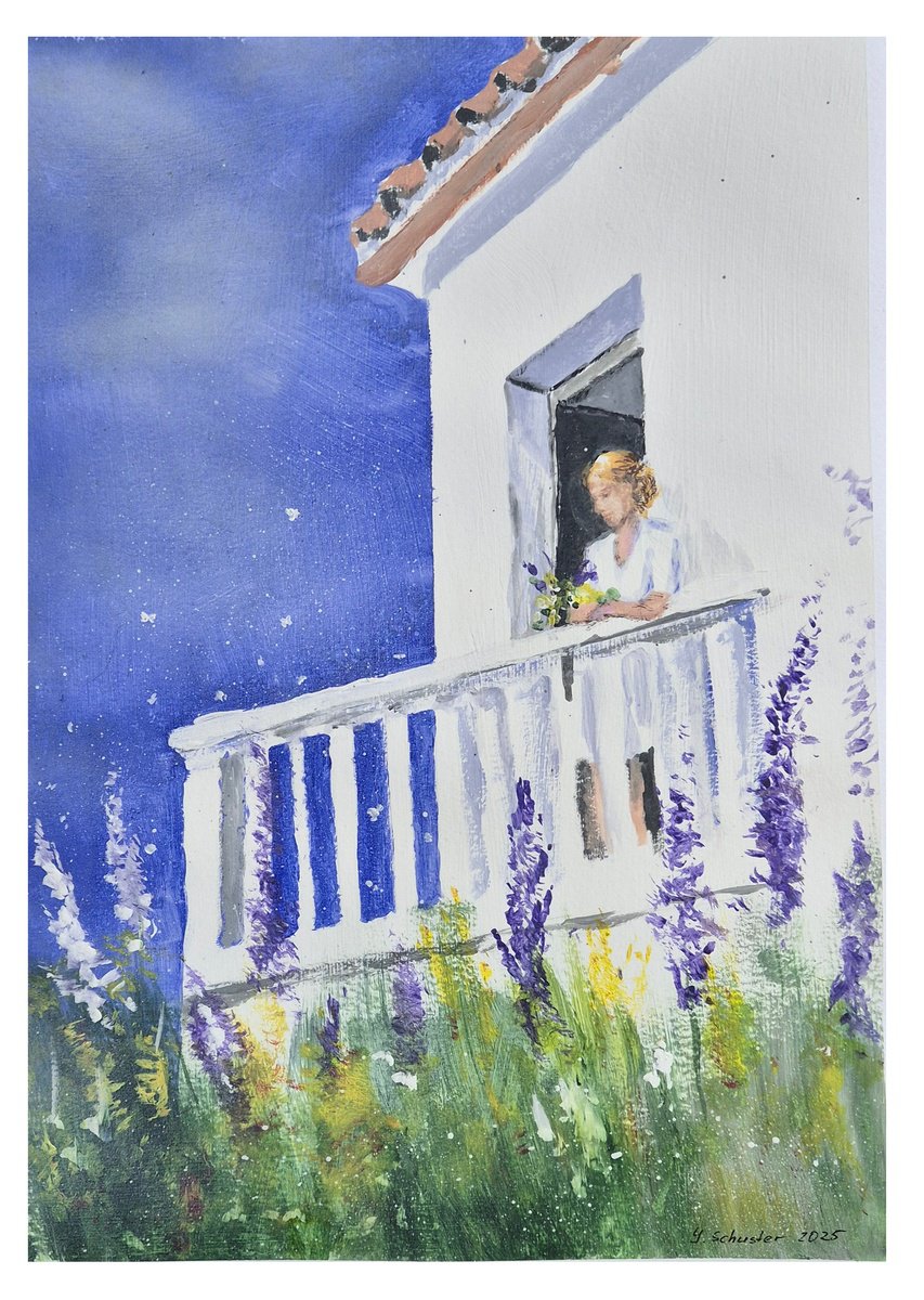 Impressionistic Landscape Acrylic Painting By Yulia Schuster, 12 X 17", Blue Sky Reverie, Original Artwork