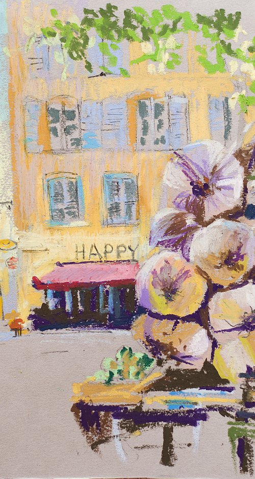 Aix-en-Provence market. Oil pastel painting. original garlic provence france neutral small painting interior decor by Sasha Romm