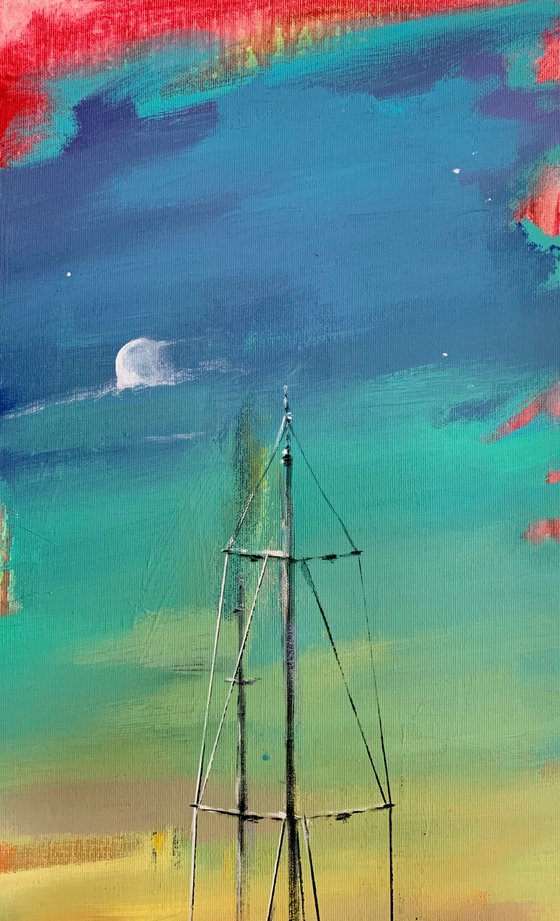 Big vertical painting - "Bright dawn" - delicate color - sunset - sailing boat - seascape