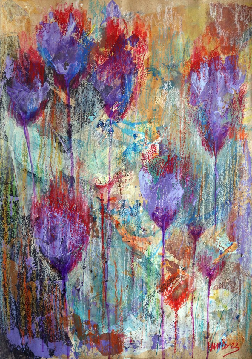 Impressionistic Botanical Acrylic Painting By Rakhmet Redzhepov, 17 X 23", Fantasy With Flowers 109, Original Artwork
