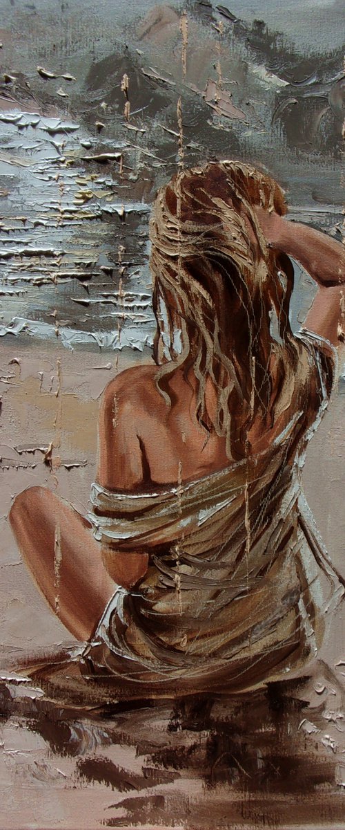 " MAGIC PLACES ... " for A. original painting SEA SPRING palette knife GIFT by Monika Luniak