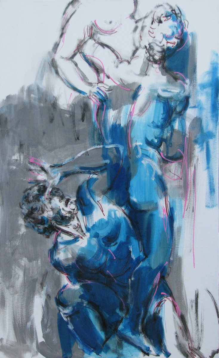 Expressive Portrait Acrylic Painting By Nelina Trubach-Moshnikova, 22 X 35", The Rape Of The Sabine Women, Original Artwork