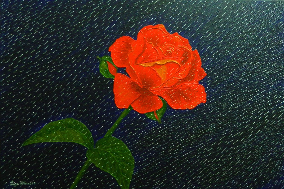 Diamond Rain - Red Rose in Rain abstract painting; home, office decor; gift idea by Liza Wheeler