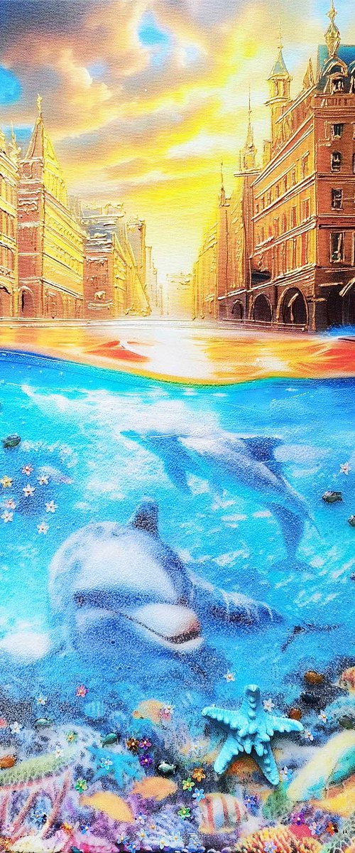 Flooding in city. Global warming. Dolphins under water, sea bottom seascape marine. Fantasy art. by BAST