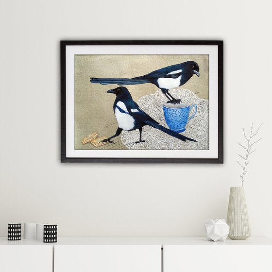 Garden party  ( magpies, tea and biscuits mixed media painting )