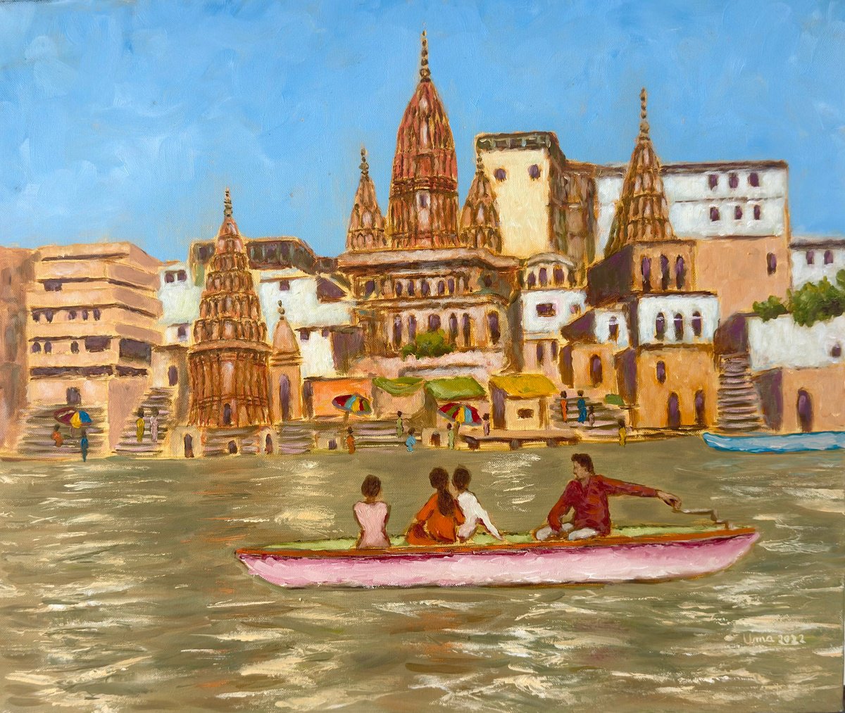 Benaras - Temples At Manikarnika Ghat By Uma Krishnamoorthy, 19 X 16, Artwork For Sale On Artfinder