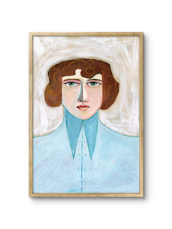 The woman with the high collared blue shirt
