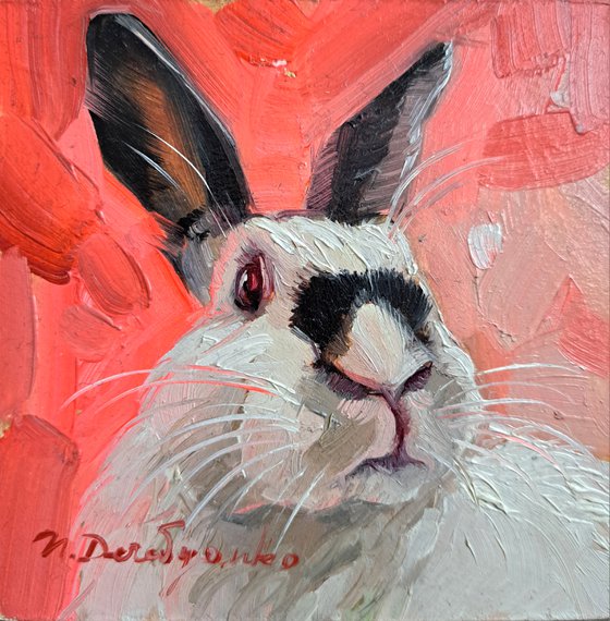 Rabbit painting original framed 4x4, Small painting hot pink cute rabbit artwork