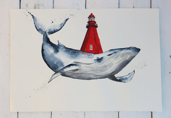 Whale and Red Lighthouse