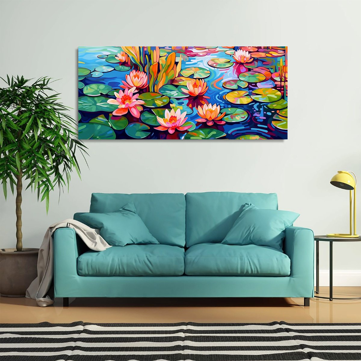 Impressionistic Landscape Acrylic Painting By Kosta Morr, 71 X 31", Water Lilies Iv, Original Artwork
