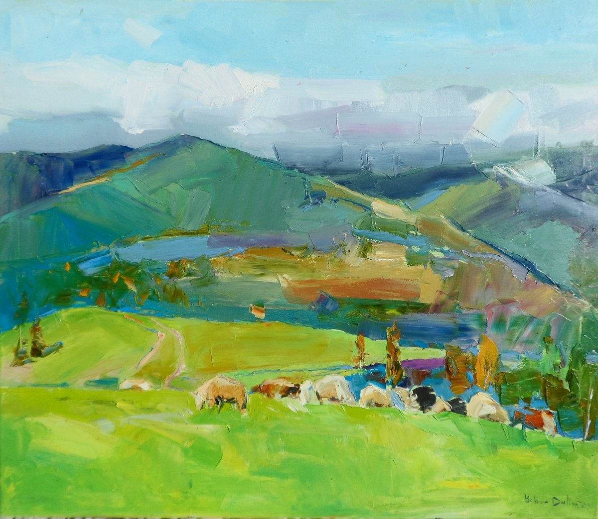 Impressionistic Landscape Oil Painting By Yehor Dulin, 28 X 24", "Ukrainian Mountains", Original Artwork