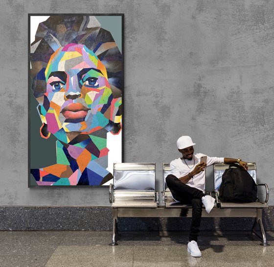 Super Big XXL Painting - "Bright African girl" - Pop Art - Bright - Portrait - Geometric painting