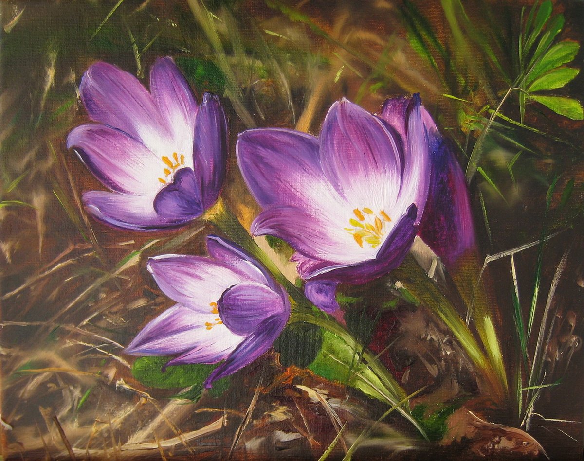 Impressionistic Landscape Oil Painting By Natalia Shaykina, 10 X 8", Spring Again, Crocuses, Original Artwork