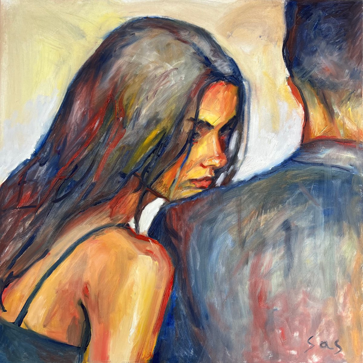 Impressionistic Portrait Oil Painting By Liubou Sas, 28 X 28", Stone Wall, Original Artwork