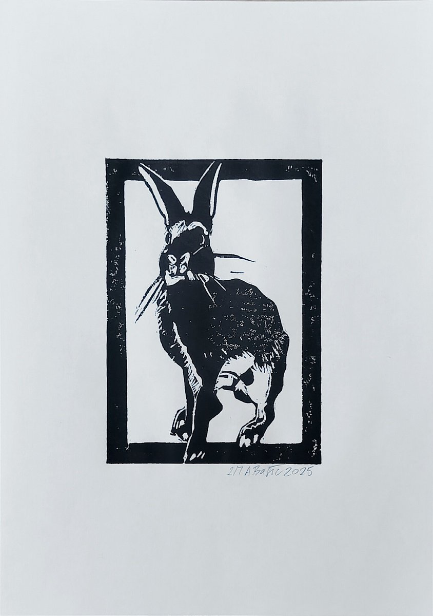 Expressive Animal Linocut By Aleksandar Basic, 12 X 17, Rabbit 2/7, Original Artwork