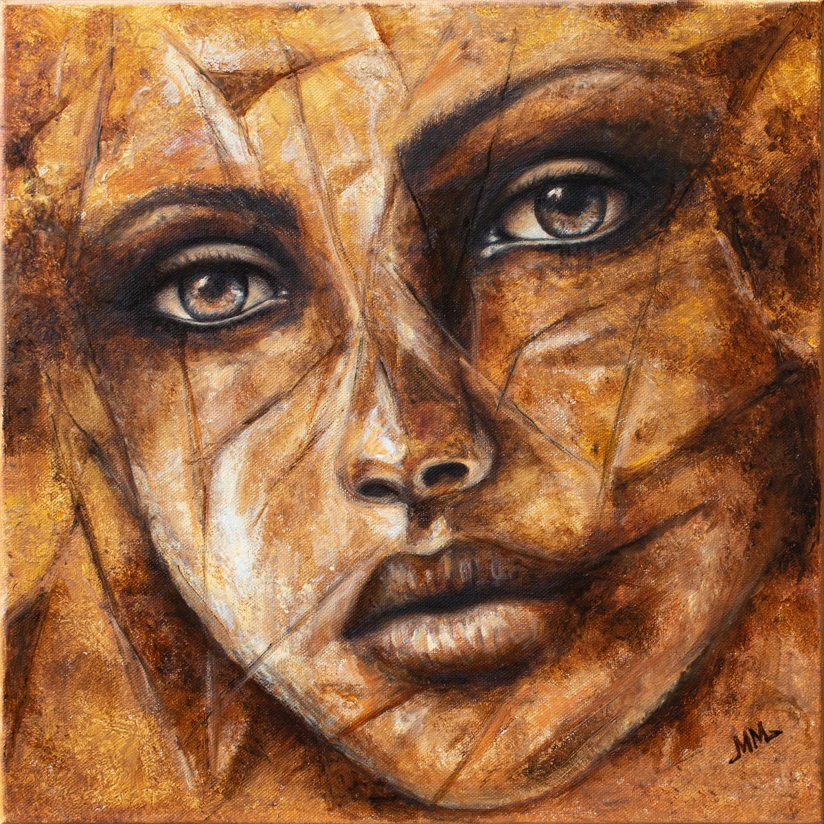 Expressive Portrait Oil Painting By Mila Moroko, 16 X 16", Shards Of Memory, Original Artwork