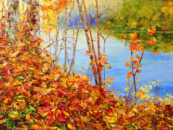 GOLDEN AUTUMN - October. Meditation. Wildlife. Seasons. Wheel Year. Bank river. Wild place. Yellow leaves.