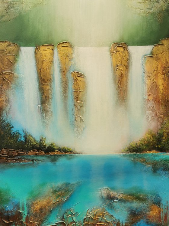 A large abstract beautiful structured mixed media painting of a waterfall "Secret place"