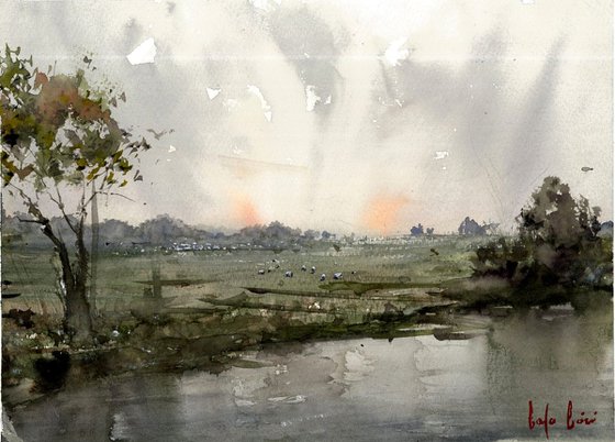 sunrise on the grassland watercolor painting
