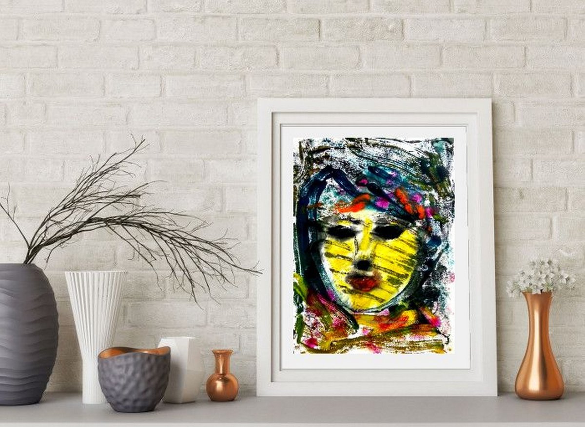 Portrait of a woman - The Face VI - One of a kind Mono Type Print on paper 11x 8.25 by Asha Shenoy