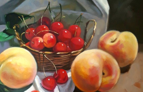 Still life with cherries (40x30cm, oil painting, ready to hang)