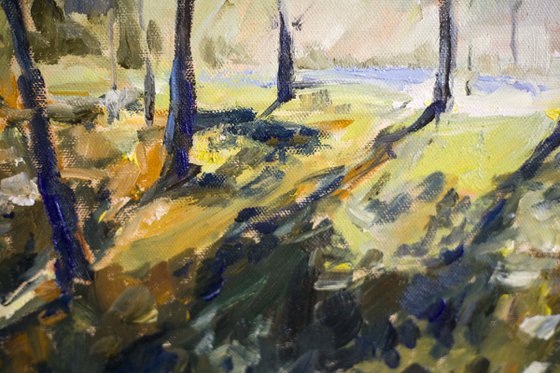 Sunny forest Original oil painting. Medium size green nature sunset trees impression impressionism yellow warm tones decor interior