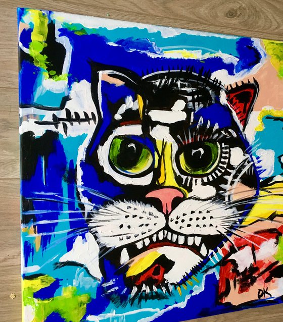 UNTITLED cat   #3 version of famous painting by Jean-Michel Basquiat.