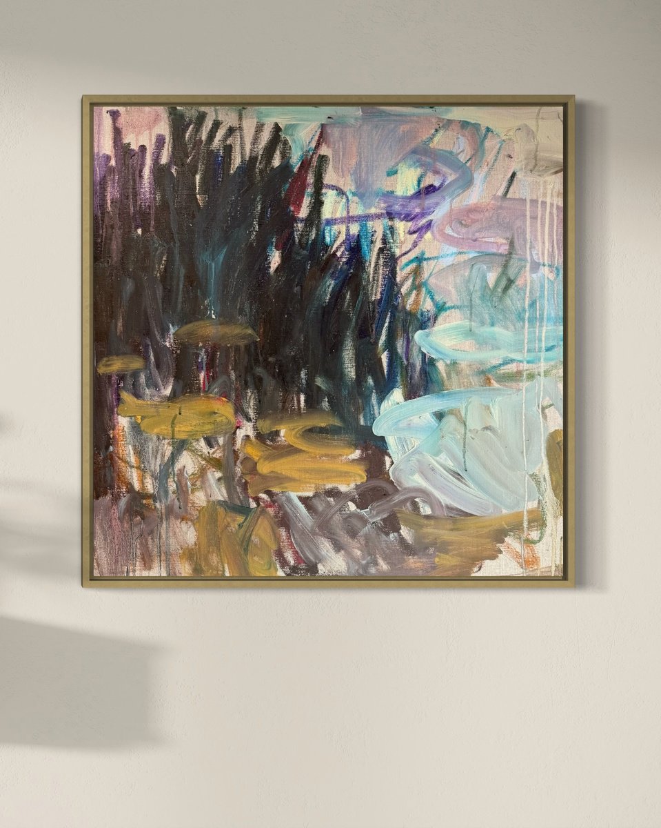 Expressive Abstract Oil Painting By Lilia Orlova-Holmes, 24 X 24", Autumn Reflections, Original Artwork