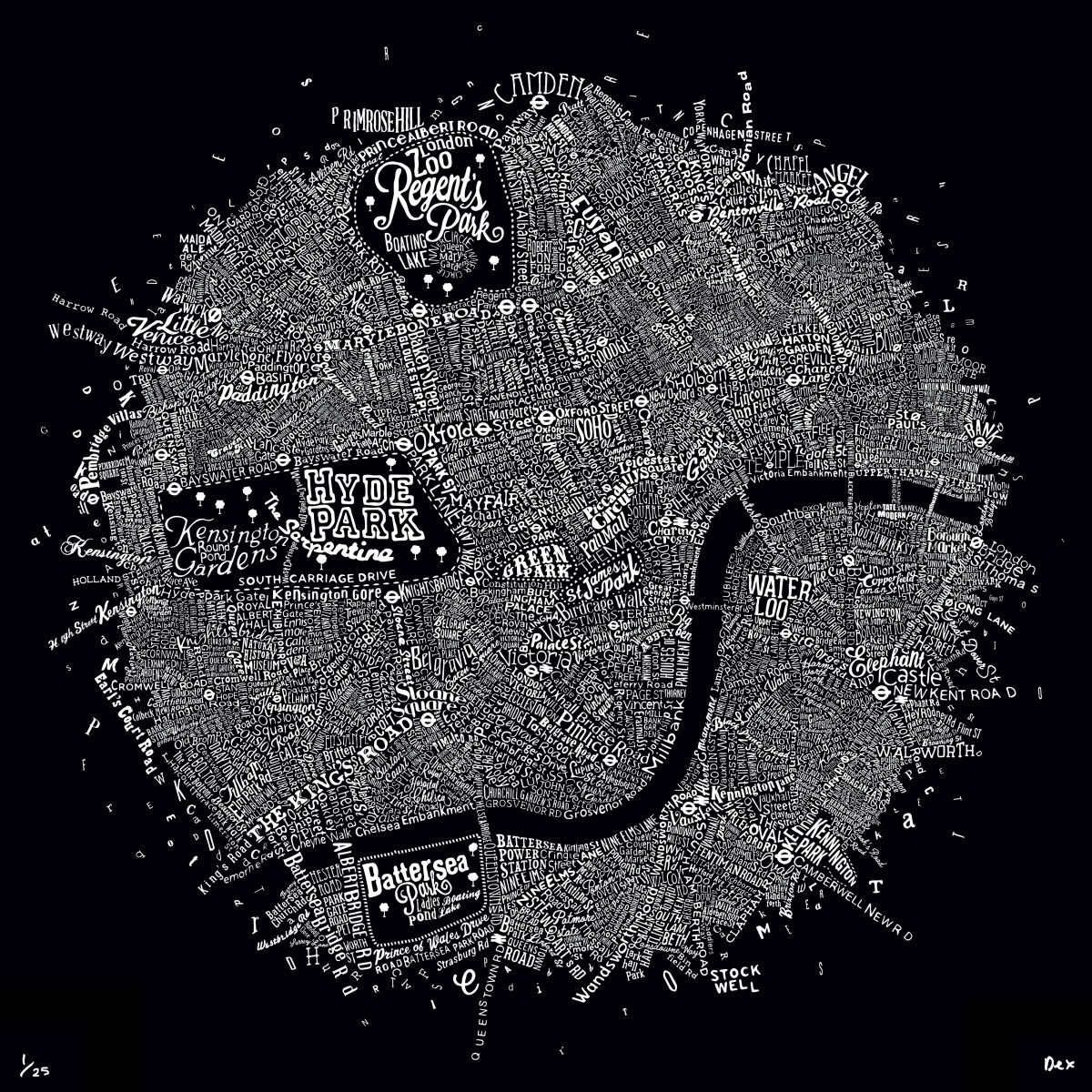 Typographic Street Map Of Central London (Black) by Dex