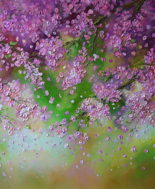 Blossom Shower/ floral landscape painting by Colette Baumback