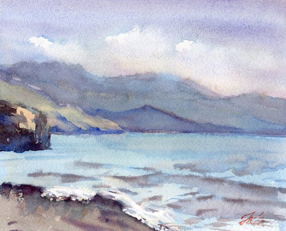 Crete sea and mountains, blue and purple watercolor