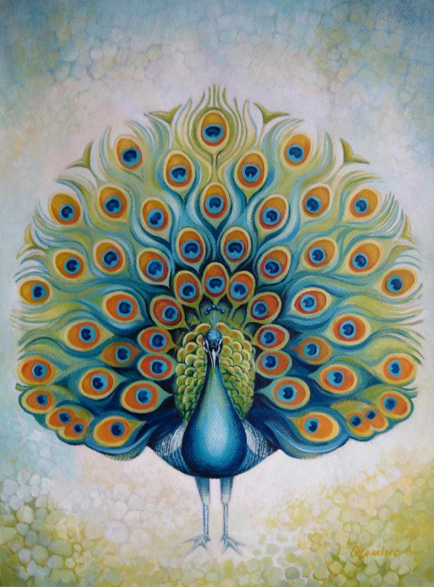 Animal Acrylic Painting By Elena Oleniuc, 14 X 19, Peacock, Original Artwork