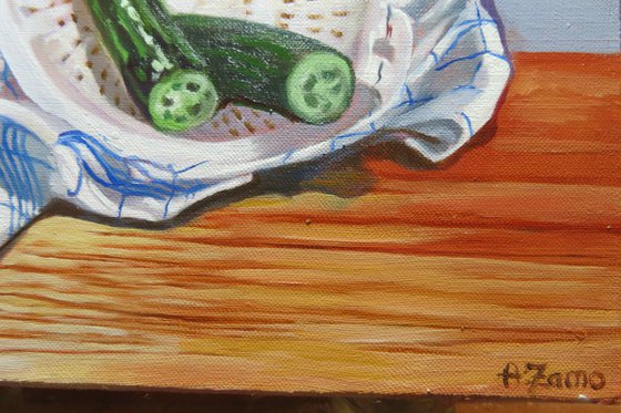 Cucumber and Colander, Still life, Original Oil Painting by Anne Zamo