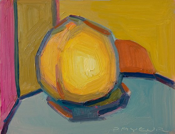 yellow peach on blue