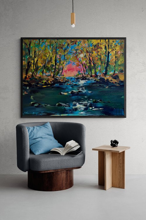 Big XL landscape - "Canadian forest" - Landscape - Lake - Trees - Sunset in forest - Expressionism by Yaroslav Yasenev
