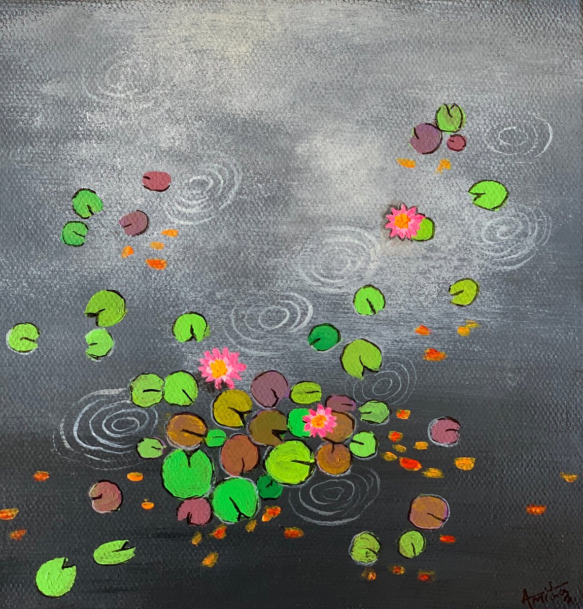 Grey water lilies II ! Small Painting!! Ready to hang by Amita Dand