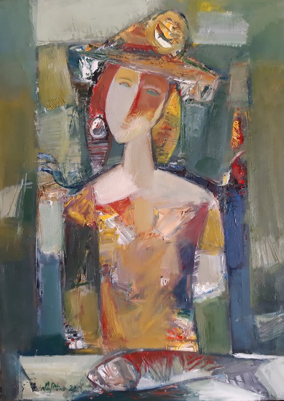 Lady and fish  (42x58cm ,oil/canvas, abstract portrait)