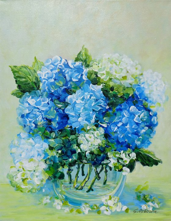 White and Blue Hydrangea Original Painting on Canvas. Impressionistic Stile Flowers Abstract Floral. Modern Impressionism Contemporary Art
