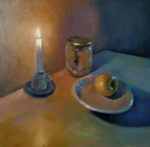 Still life-candle and apple (42x43cm, oil painting, ready to hang) by Kamsar Ohanyan