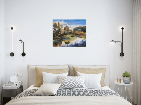 AT THE VILLAGE EDGE - impressive landscape oil painting with a pond and a wooden church housewarming gift idea home decor