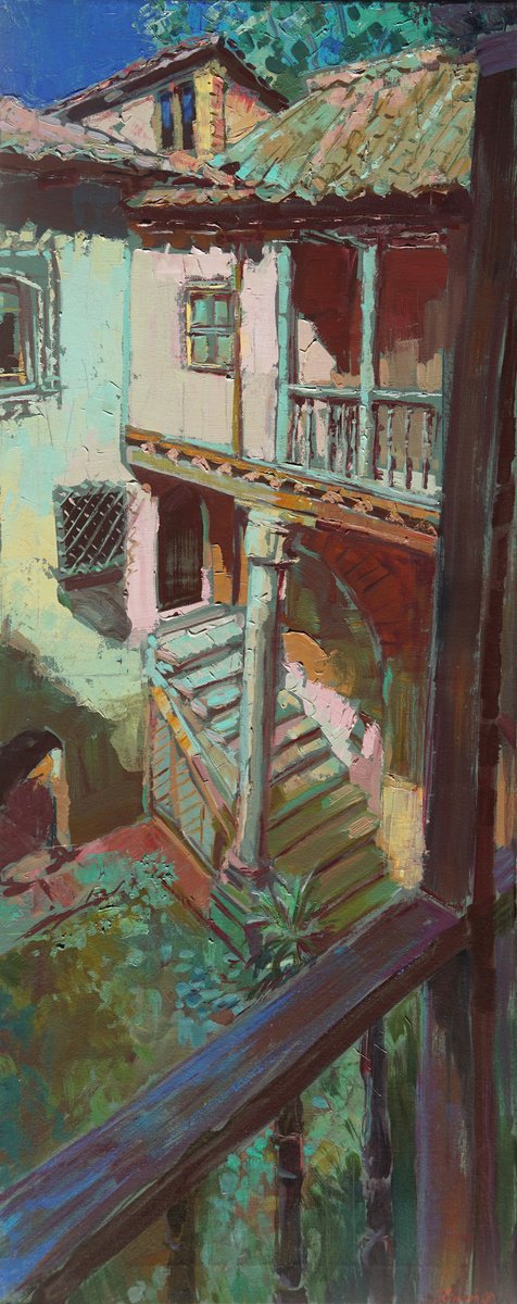 Impressionistic Landscape Oil Painting By Luis Rincon, 16 X 39", The Courtyard Of Memory, Original Artwork