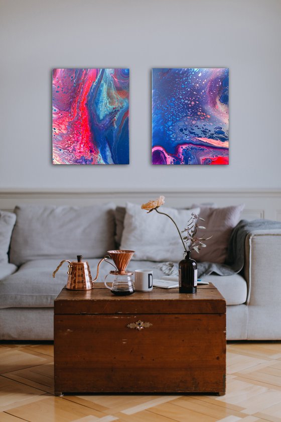 "Sharing A Dream" - FREE USA SHIPPING - Original PMS Abstract Diptych Fluid Acrylic Paintings On Canvas - 32" x 20"