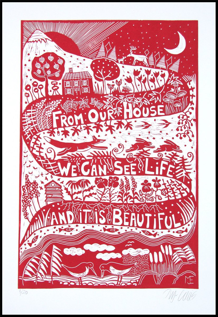 Life is beautiful, XL red and white linocut by Mariann Johansen-Ellis