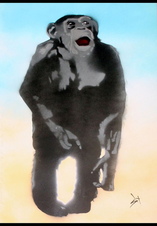 Laboratory chimp sees the sky for the first time. (on paper) by Juan Sly