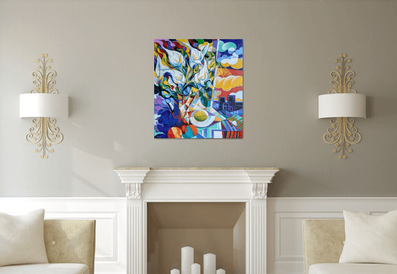 Still life with callas (80x90cm, cubism, oil painting, ready to hang)