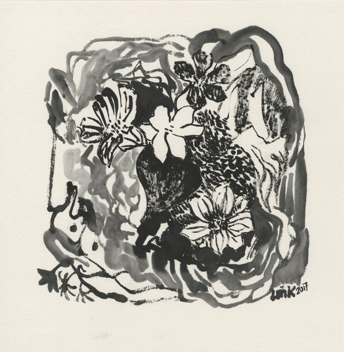 Organic Botanical Ink Drawing By Lee Man Ki Joyce, 14 X 14", The Flowers And The Body Parts, Original Artwork