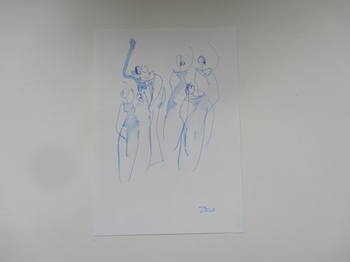 dancing girls in blue 8,2 x 11,4 inch unique mixedmedia drawing by Sonja Zeltner-Müller
