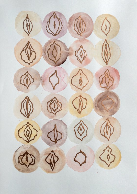 Feministic watercolor illustration with different vulvas