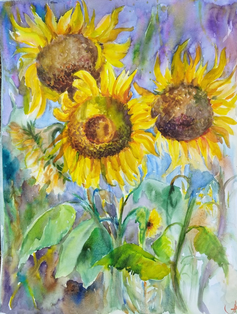 Impressionistic Botanical Watercolour By Ann Krasikova, 20 X 26, Among The Sunflowers, Original Artwork